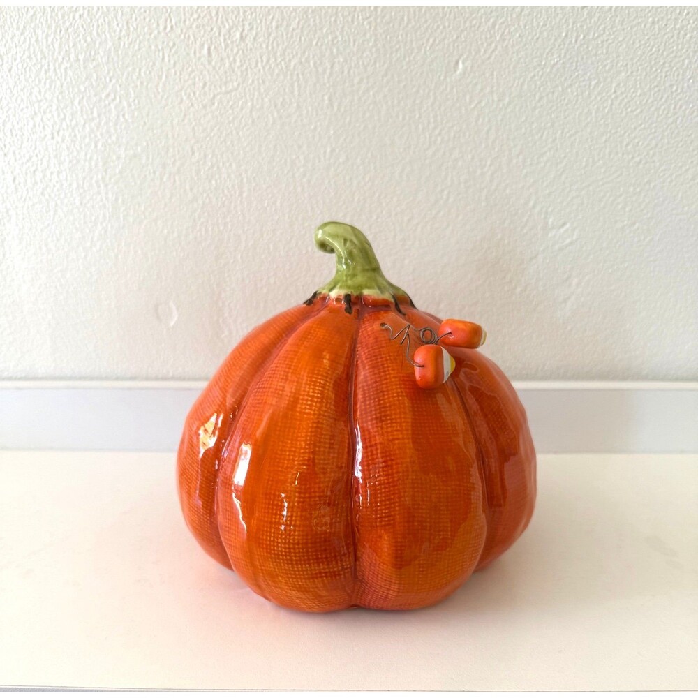 2018 Blue Sky Heather Goldminc Stitched Pumpkin Halloween Ceramic Decor Candy Co - Picture 2 of 4